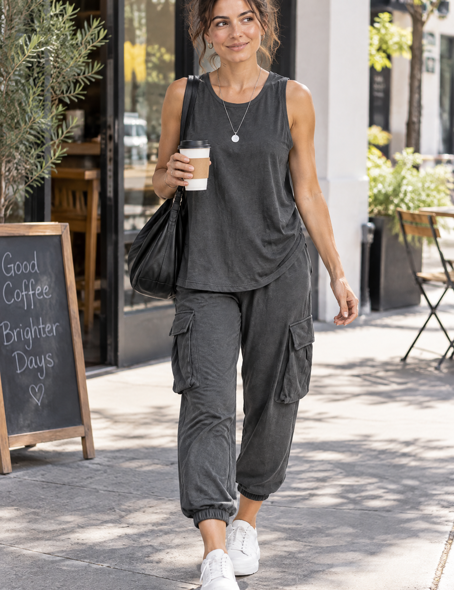Ensemble deux pièces fluide avec débardeur et pantalon – gris foncé | Photo lifestyle | Lounelle Paris