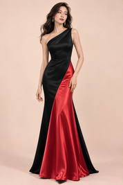 Robe longue noire et rouge à une épaule | Vue de face | Lounelle Paris