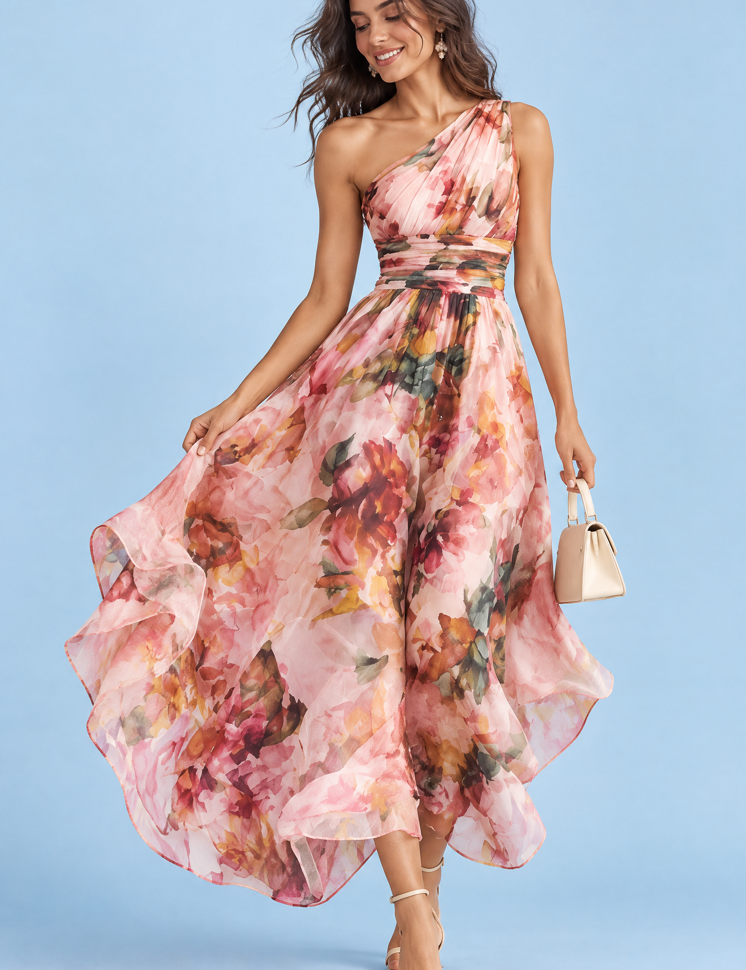 Robe rose fleurie à une épaule | Vue de face | Lounelle Paris