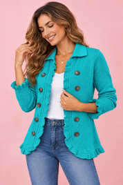 Veste ajustée turquoise à imprimé léopard | Vue rapprochée | Lounelle Paris