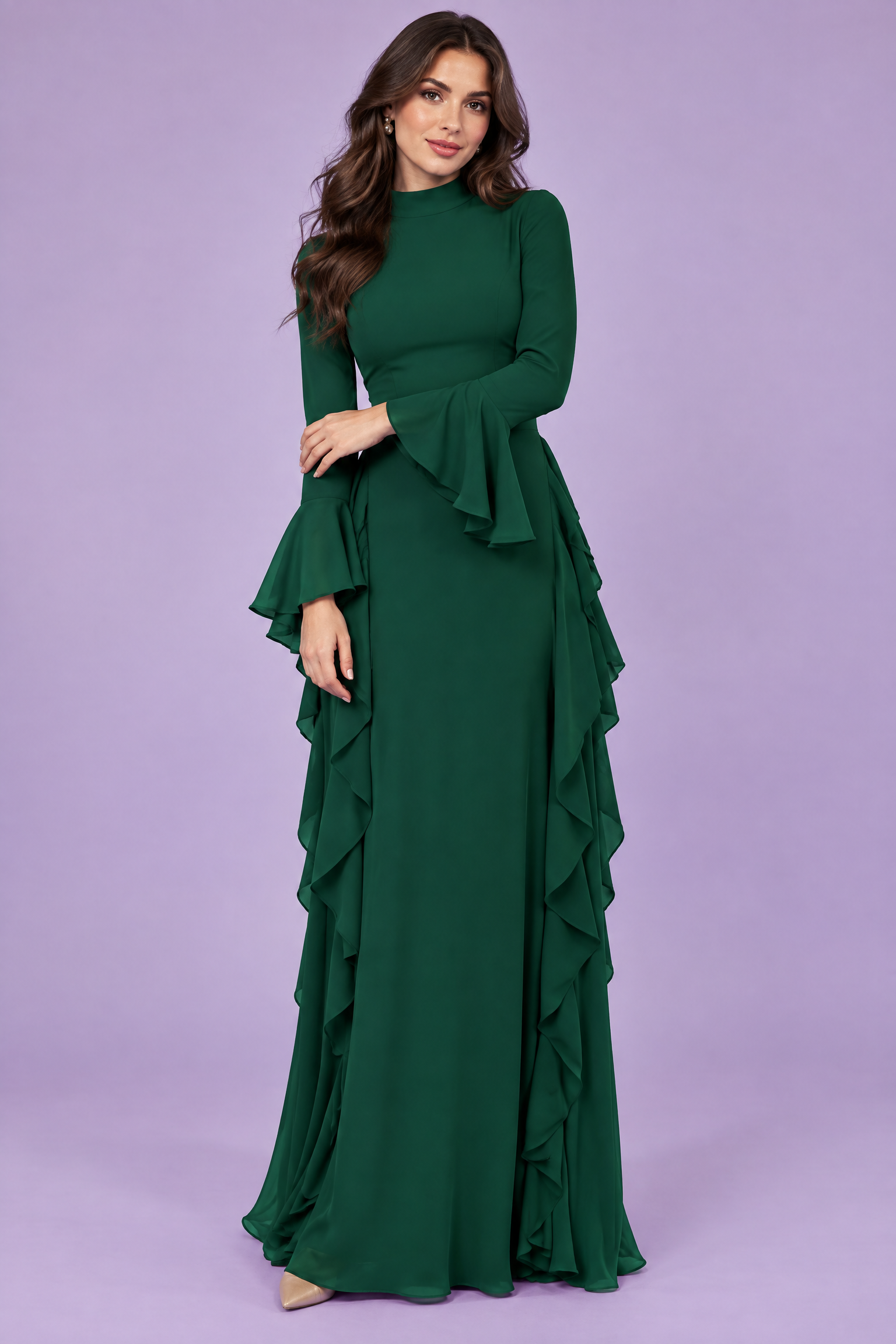 Robe longue verte à volants et manches cloche | Vue de face | Lounelle Paris