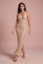 Robe longue à sequins dos nu champagne | Vue en mouvement | Lounelle Paris
