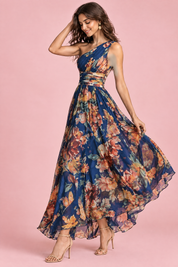 Robe bleue fleurie à une épaule | Vue de dos | Lounelle Paris