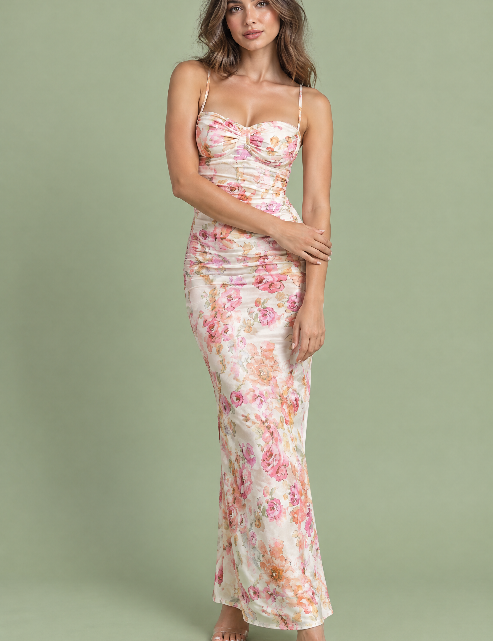 Robe midi fleurie, torsadée et asymétrique écrue | Vue de face | Lounelle Paris