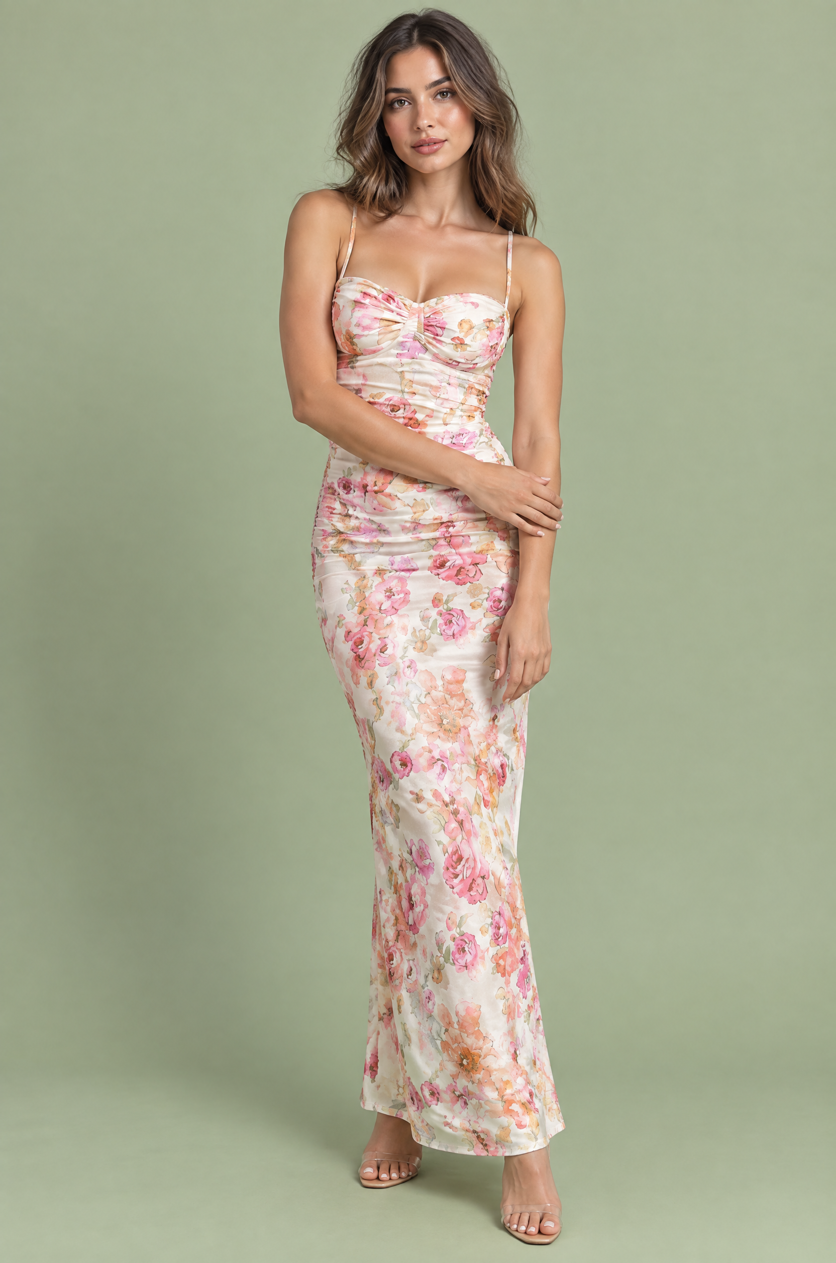Robe midi fleurie, torsadée et asymétrique écrue | Vue de face | Lounelle Paris