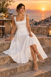 Robe midi blanche à fines bretelles et ourlet ample | Deuxième photo lifestyle | Lounelle Paris