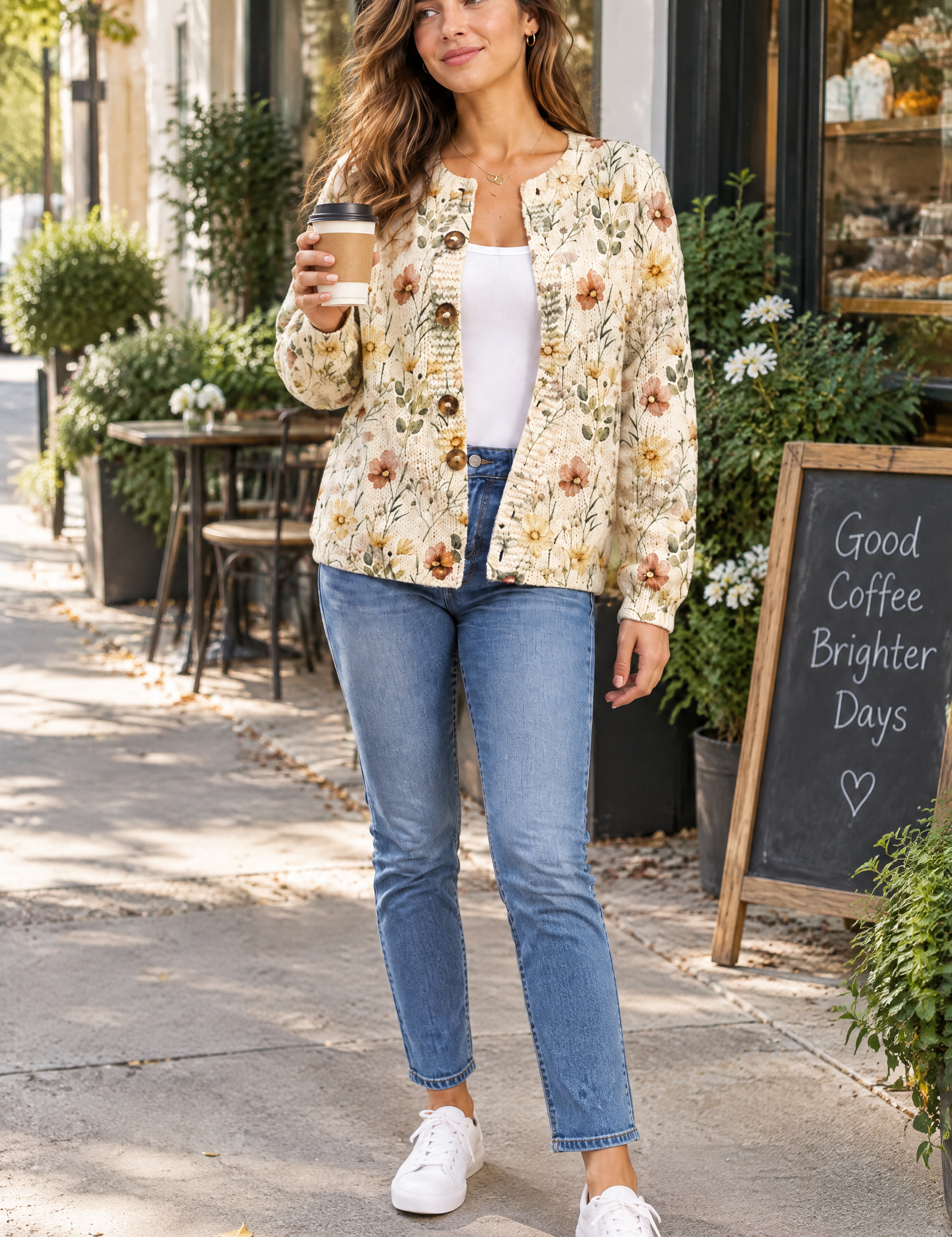 Cardigan fleuri boutonné crème | Photo lifestyle | Lounelle Paris