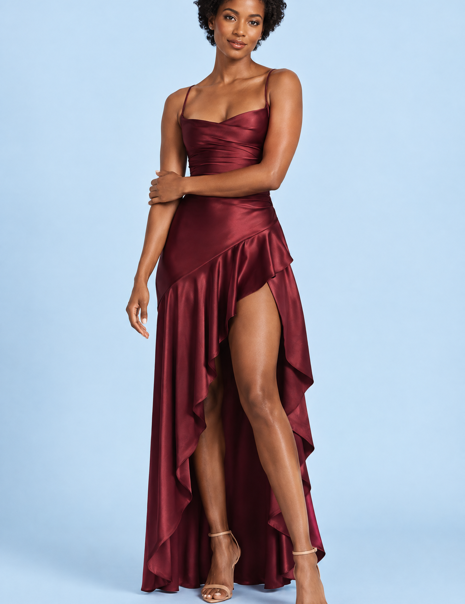 Robe asymétrique bordeaux à col bénitier | Vue de face | Lounelle Paris