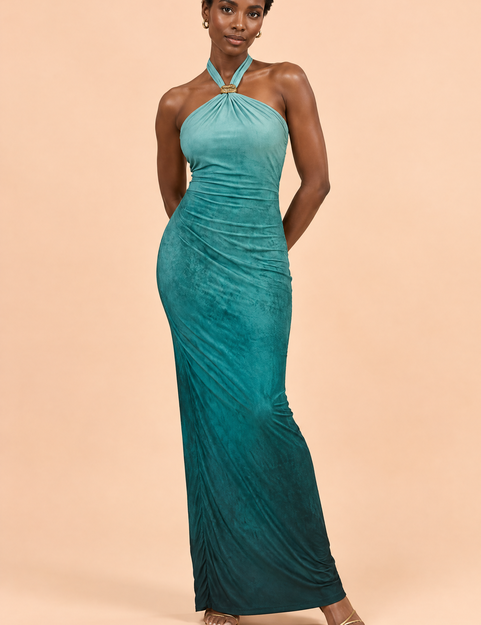 Robe longue turquoise dégradée à col américain avec détail bleu canard | Vue de face | Lounelle Paris