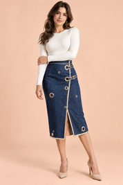 Jupe crayon midi bleue taille haute | Vue de face | Lounelle Paris