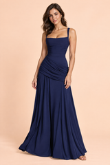 Dark Blue Ruched Square-Neck Fit-and-Flare Dress
