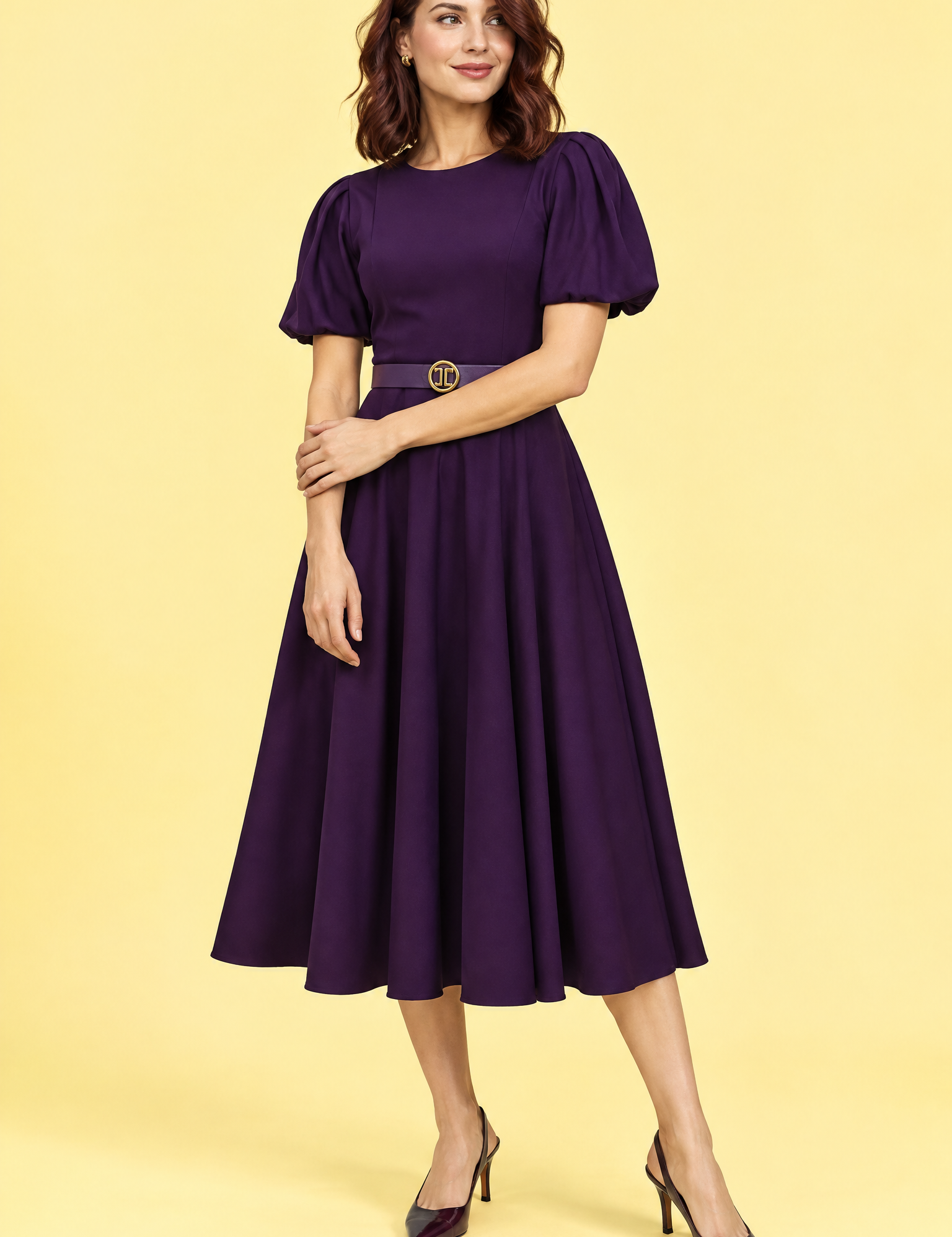 Robe midi violette à col montant et manches bouffantes | Vue de face | Lounelle Paris