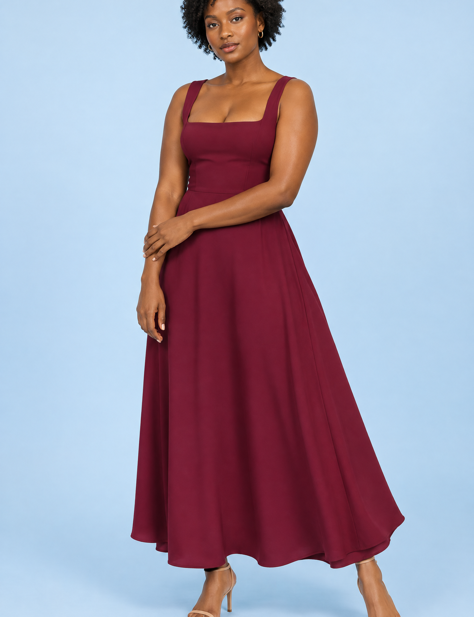 Robe midi bordeaux à fines bretelles et ourlet ample | Vue de face | Lounelle Paris