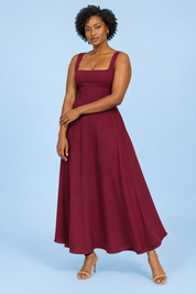Robe midi bordeaux à fines bretelles et ourlet ample | Vue de face | Lounelle Paris