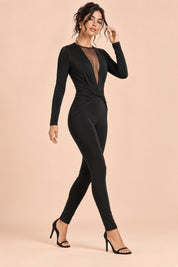 Combinaison noire froncée à décolleté plongeant | Vue en mouvement | Lounelle Paris