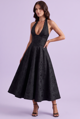 Black Floral Lace A-Line Midi Dress with V-Neck