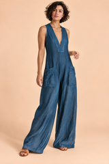 Blue V-Neck Wide-Leg Jumpsuit