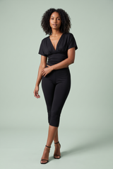 Black V-Neck Ruched Top Capri Pants Set