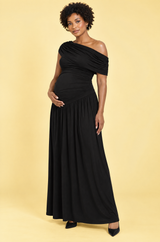 Black Asymmetric-Neck Maternity Maxi Dress With Drop-Waist