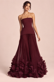 Robe longue bustier plissée rouge | Vue de face | Lounelle Paris