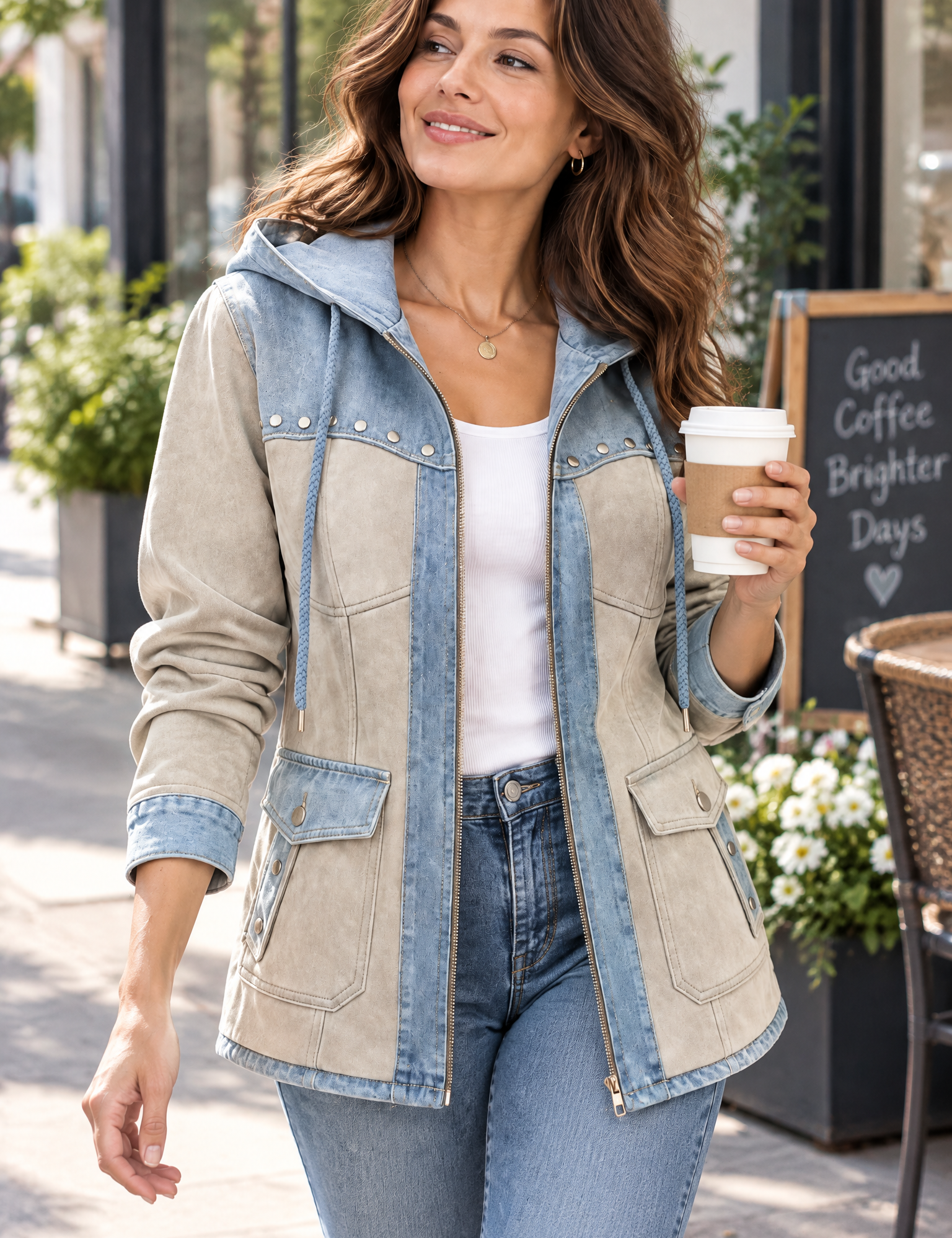 Veste à capuche beige à empiècements | Photo lifestyle | Lounelle Paris