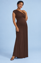 Brown Asymmetric-Neck Maternity Maxi Dress With Drop-Waist