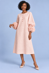 A-Line Pink Puff-Sleeve Midi Dress