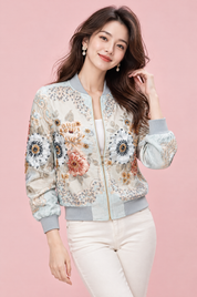 Bomber bleu clair fleuri orné de perles | Vue de face | Lounelle Paris