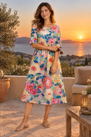 Robe midi trapèze à motif floral blanc cassé | Deuxième photo lifestyle | Lounelle Paris