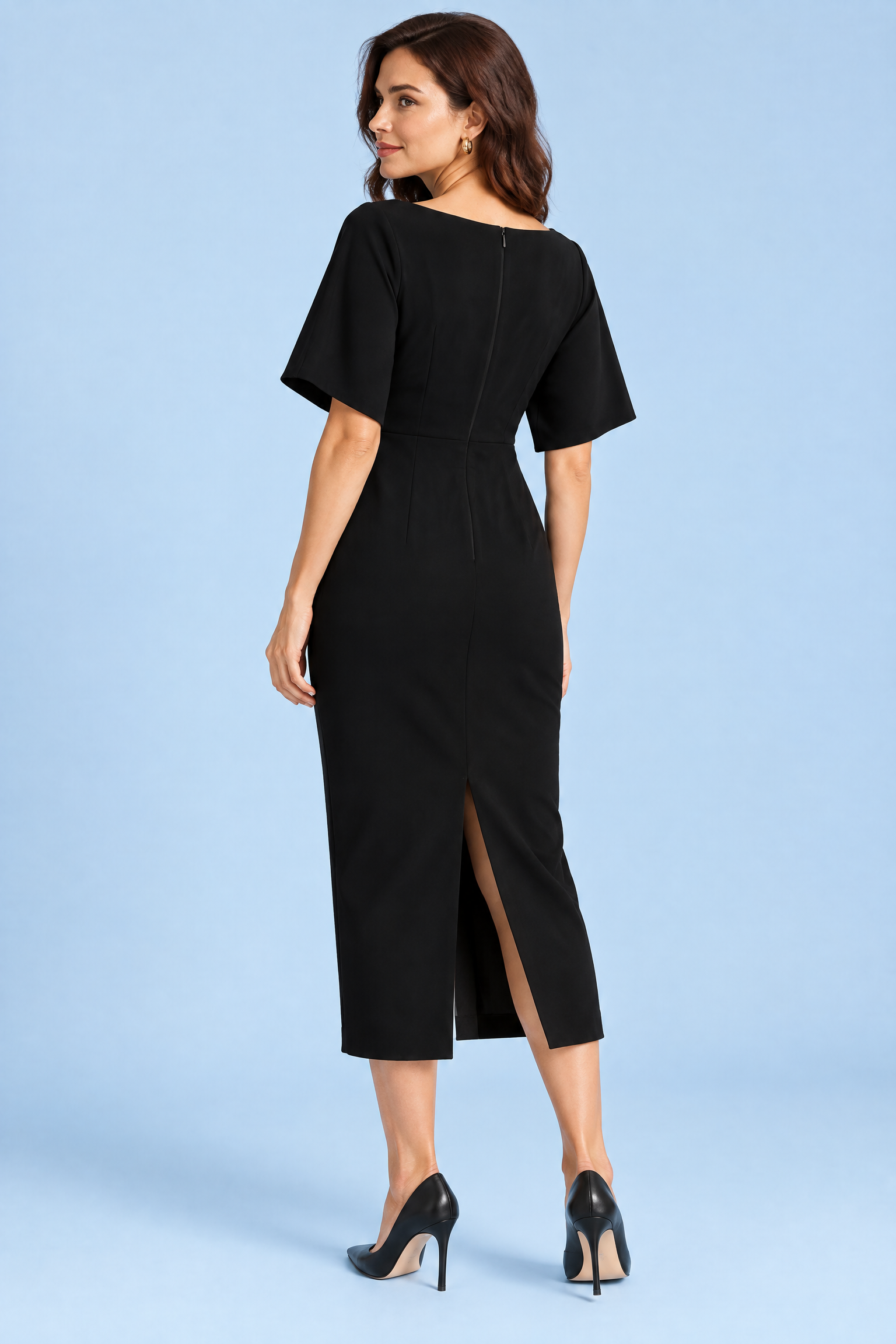 Robe midi noire avec cape amovible | Vue de dos | Lounelle Paris