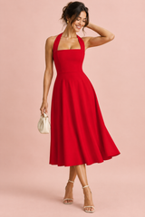 Red fit-and-flare midi dress with a square neckline
