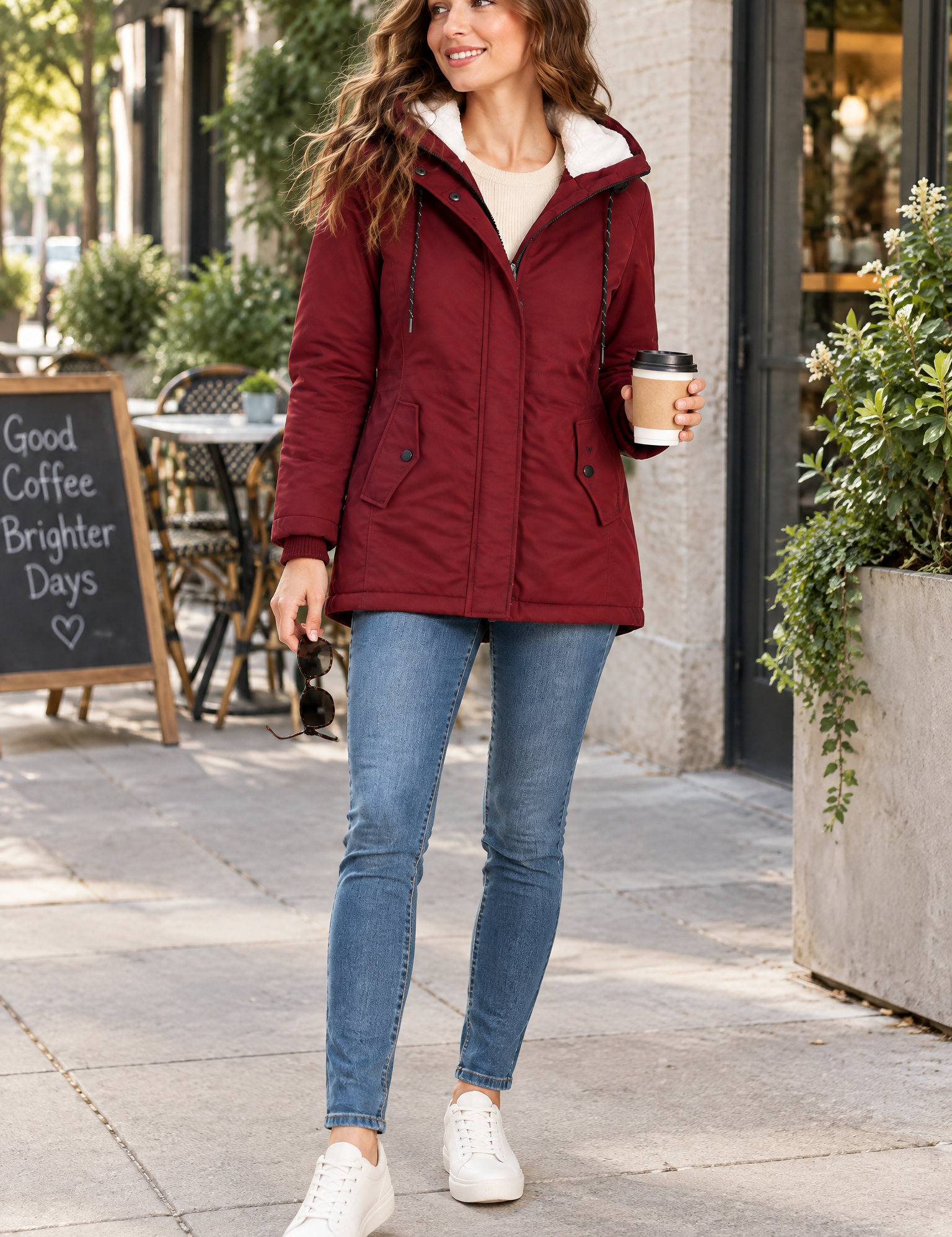 Parka bordeaux oversize à capuche | Photo lifestyle | Lounelle Paris