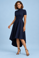 Navy High-Neck High-Low Midi Dress