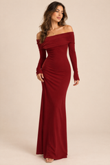 Burgundy Asymmetric Draped Off-the-Shoulder Open-Back Maxi Dress