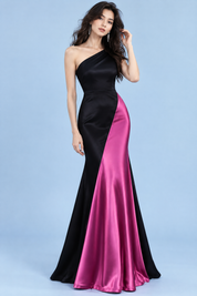 Robe longue noire et rose magenta à une épaule | Vue de face | Lounelle Paris