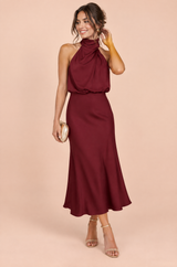 A-Line Burgundy Scarf-Neck Midi Dress