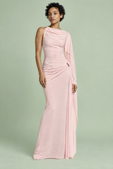 Pink High-Neck Maxi Dress With Draped-Detailing And Cape-Sleeves