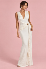 White Plunge-Neck Maxi Dress With Gathered Detailing And Gold Detail