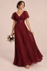 Burgundy Pleated V-Neck Dress
