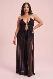 Robe longue noire asymétrique à découpes | Porté sur une autre silhouette | Lounelle Paris