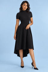 Black High-Neck High-Low Midi Dress