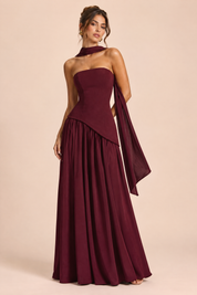Robe longue bordeaux à encolure asymétrique | Vue de face | Lounelle Paris