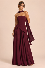 Burgundy Asymmetric-Neck Maxi Dress