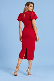 Robe midi rouge à manches bouffantes | Vue de dos | Lounelle Paris