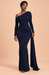 Navy Blue One-Shoulder Asymmetric Maxi Dress with Draped Detail