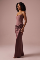 Strapless Burgundy Corset Maxi Dress