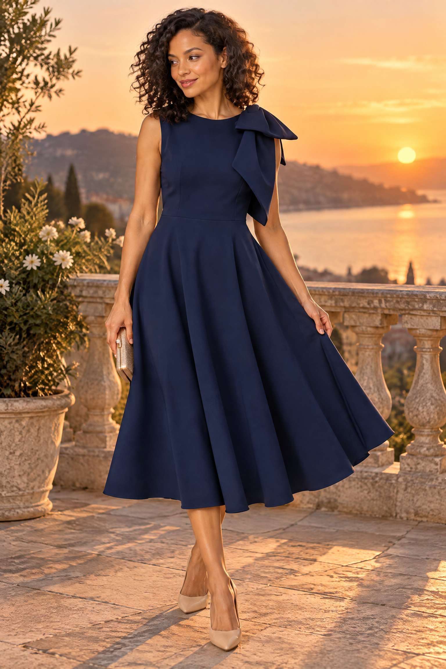 Robe midi bleu marine à encolure asymétrique et manche à nœud | Deuxième photo lifestyle | Lounelle Paris