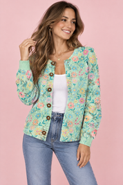 Cardigan vert menthe boutonné à col rond | Vue de face | Lounelle Paris