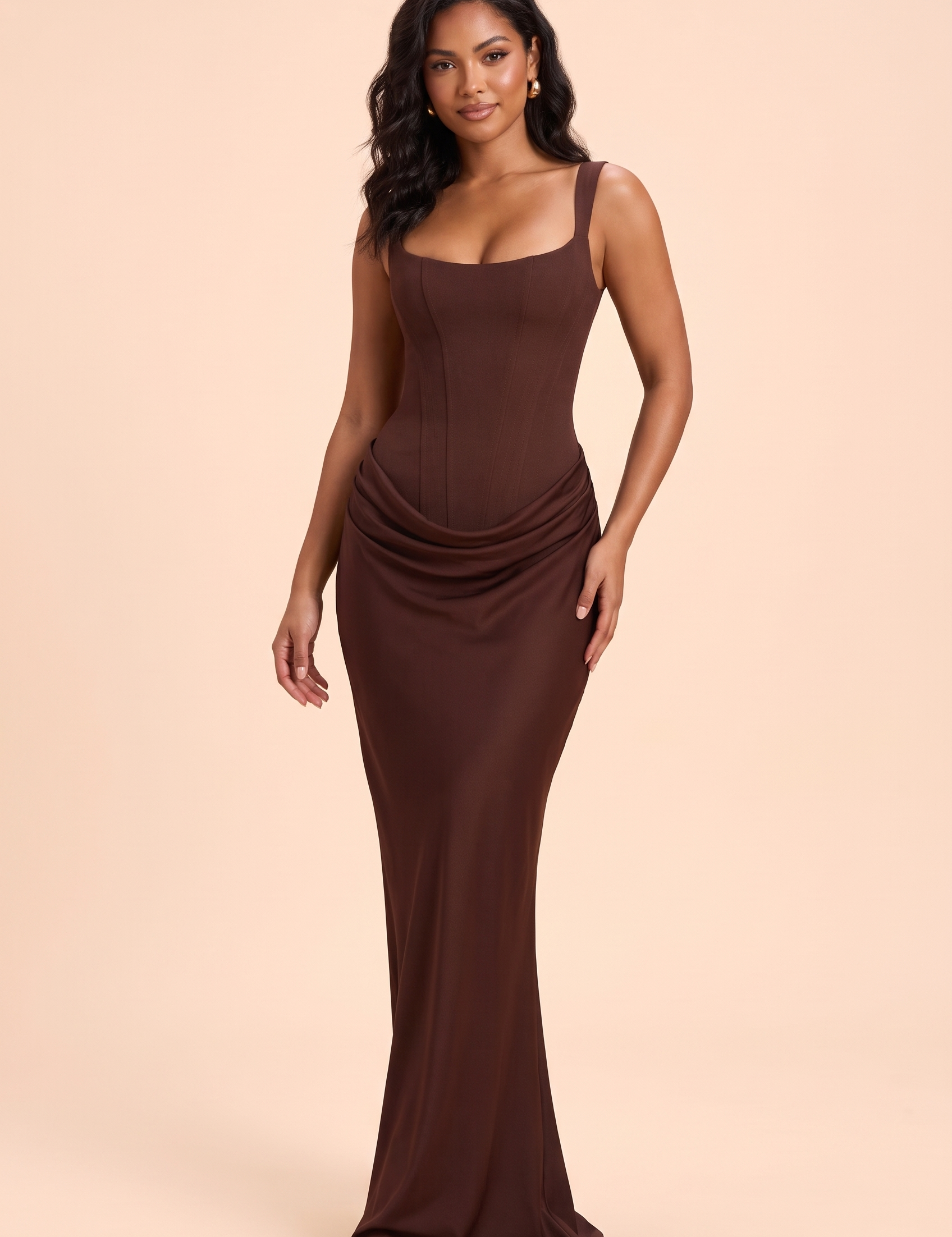Robe longue marron froncée à encolure carrée | Vue de face | Lounelle Paris
