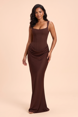 Brown Ruched Square-Neck Maxi Dress